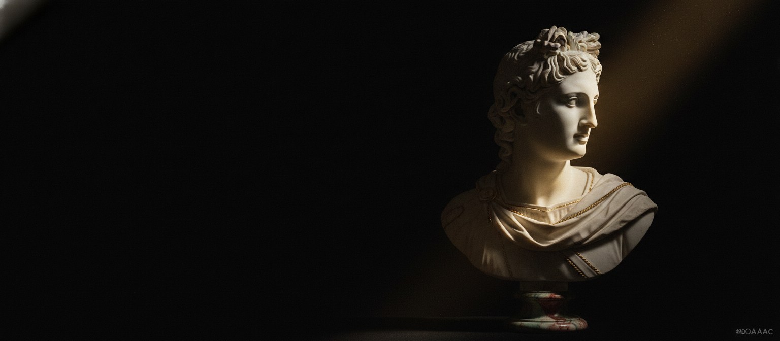 Busto clásico de mármol iluminado a contraluz dorada sobre fondo negro